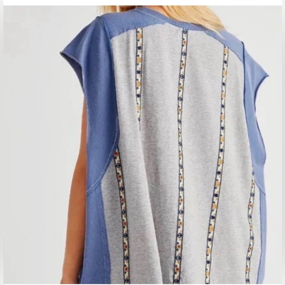 Free People Blue/Gray Groovy Embroidered Stripe Oversized Tee - Picture 3 of 9